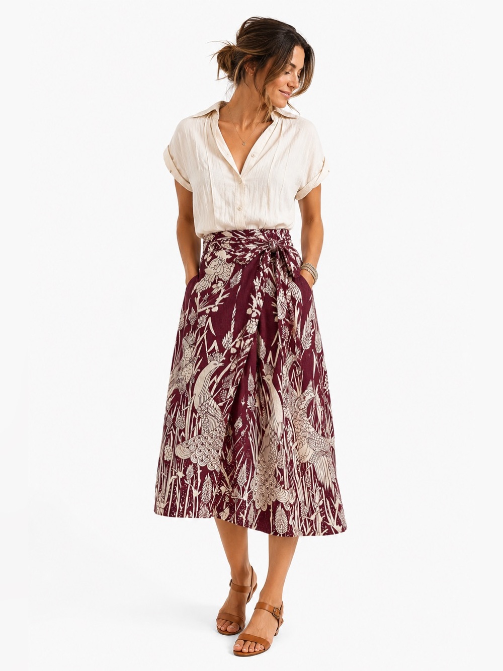 Vintage Burgundy Bird Print Wrap Skirt Cottagecore Botanical Tie Waist Cotton